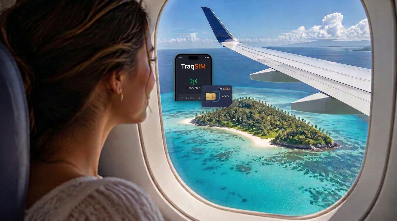 Traveller looking out an airplane window at a turquoise ocean and tropical island below the wing